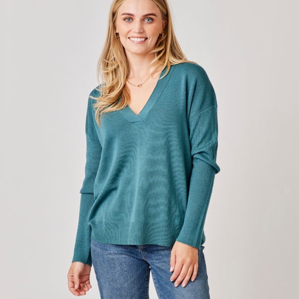 Carve Designs Aurora Sweater Deep Vneck Teal Wool Blend Women’s Extra Large